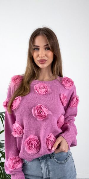 ružový sveter s 3D aplikáciou kvetov